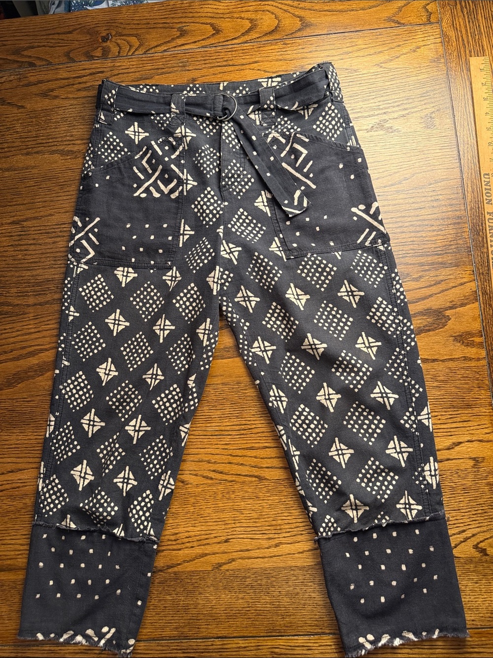 Free People Boho Print Belted High Rise Cropped Cotton Pants 0